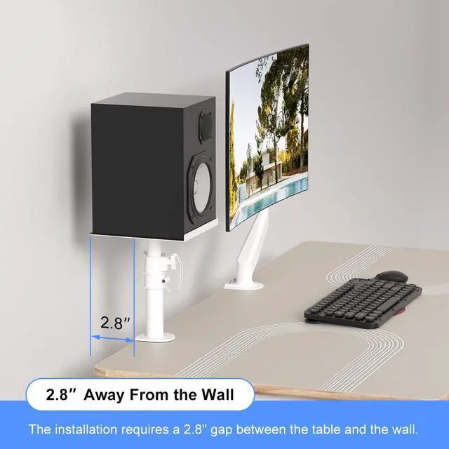 Alt view image 7 of 7 - Clamp-on Speaker Stand Desk Mount Set, Height Adjustment, Tilt, Swivel, 9.6 x 8.8 inch Trays, Universal Audio Holders for Computer and Bookshelf Speakers, Elevated Sound, 2 Pack, White, SDM001W