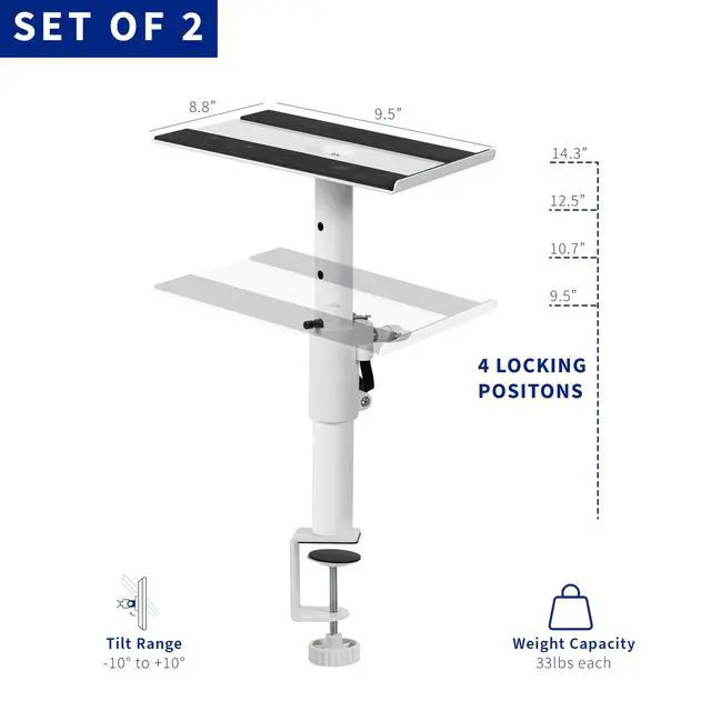 Alt view image 3 of 7 - Clamp-on Speaker Stand Desk Mount Set, 10 x 9 inch Trays, Height Adjustment and Tilt, Universal Audio Holders for Computer and Bookshelf Speakers, Elevated Sound, 2 Pack, White, MOUNT-SP01CW