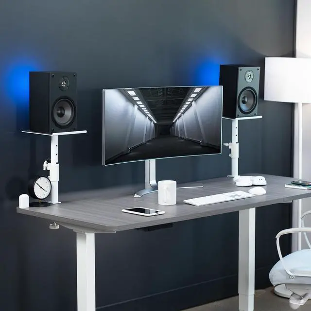 Alt view image 2 of 7 - Clamp-on Speaker Stand Desk Mount Set, 10 x 9 inch Trays, Height Adjustment and Tilt, Universal Audio Holders for Computer and Bookshelf Speakers, Elevated Sound, 2 Pack, White, MOUNT-SP01CW