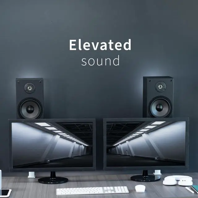 Alt view image 4 of 7 - Clamp-on Speaker Stand Desk Mount Set, 10 x 9 inch Trays, Height Adjustment and Tilt, Universal Audio Holders for Computer and Bookshelf Speakers, Elevated Sound, 2 Pack, White, MOUNT-SP01CW
