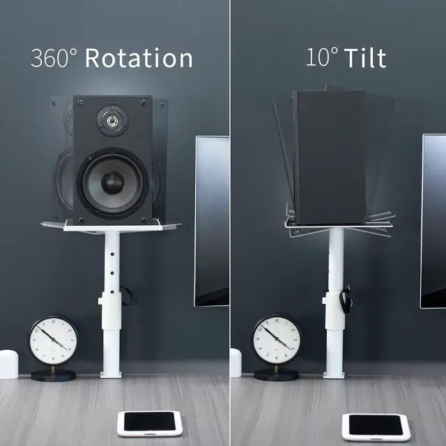 Alt view image 5 of 7 - Clamp-on Speaker Stand Desk Mount Set, 10 x 9 inch Trays, Height Adjustment and Tilt, Universal Audio Holders for Computer and Bookshelf Speakers, Elevated Sound, 2 Pack, White, MOUNT-SP01CW