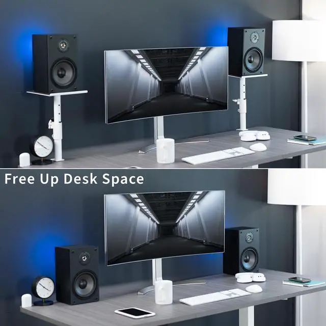 Alt view image 6 of 7 - Clamp-on Speaker Stand Desk Mount Set, 10 x 9 inch Trays, Height Adjustment and Tilt, Universal Audio Holders for Computer and Bookshelf Speakers, Elevated Sound, 2 Pack, White, MOUNT-SP01CW