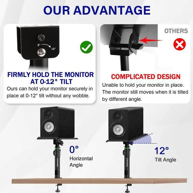 Alt view image 3 of 7 - Pair of Studio Monitor Stands Desk Clamp Speaker Stands 0-12°Tilt Height Adjustable with Cable Management