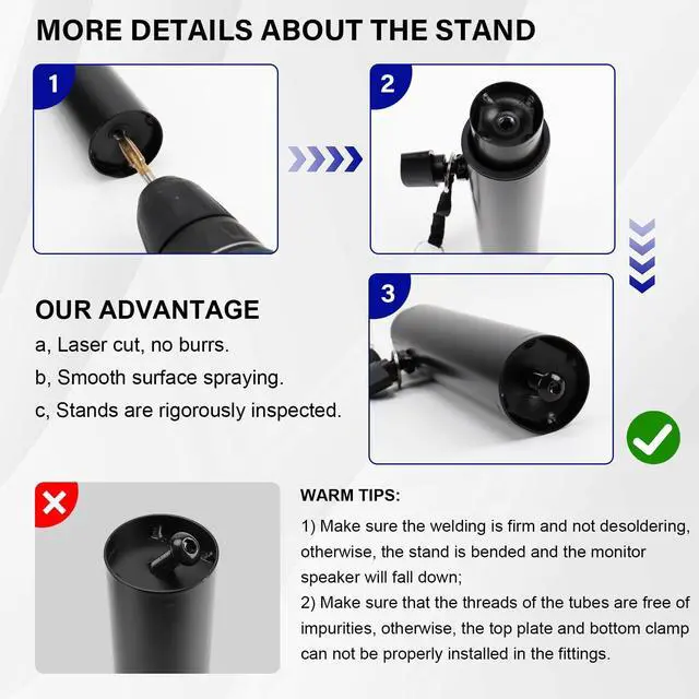 Alt view image 4 of 7 - Pair of Studio Monitor Stands Desk Clamp Speaker Stands 0-12°Tilt Height Adjustable with Cable Management