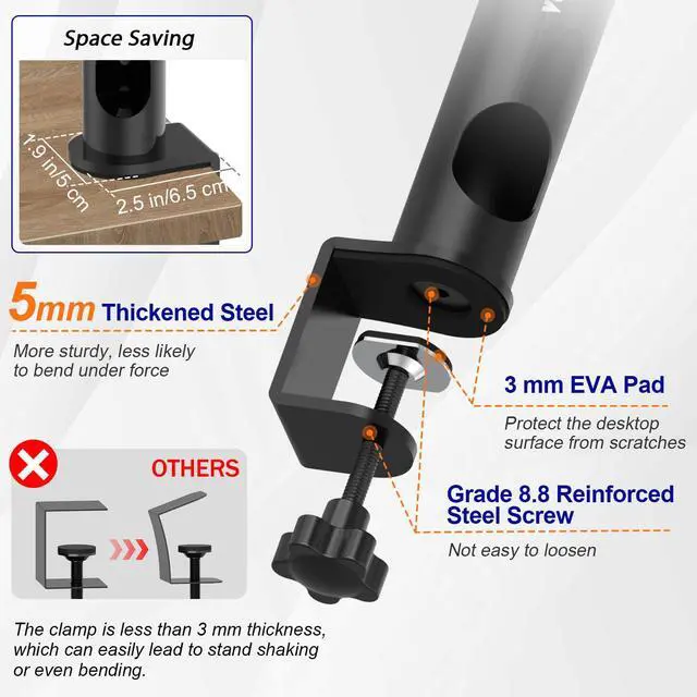 Alt view image 5 of 7 - Pair of Studio Monitor Stands Desk Clamp Speaker Stands 0-12°Tilt Height Adjustable with Cable Management