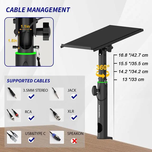 Alt view image 6 of 7 - Pair of Studio Monitor Stands Desk Clamp Speaker Stands 0-12°Tilt Height Adjustable with Cable Management
