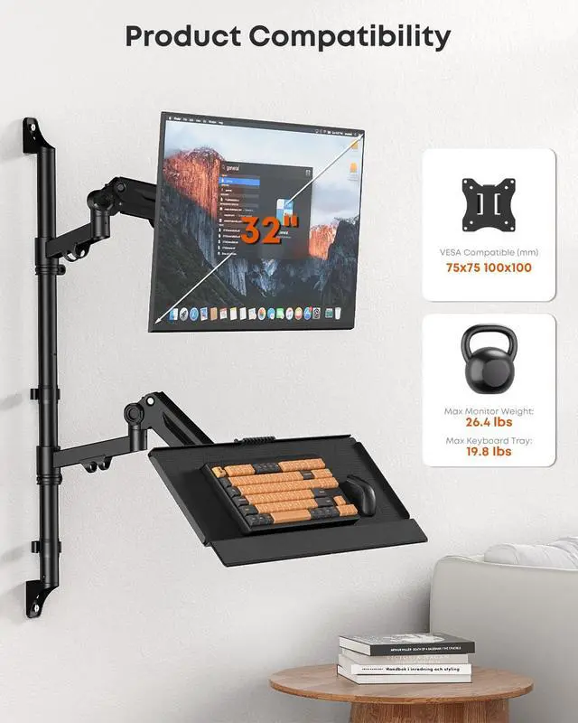 Alt view image 2 of 7 - Wall Mount Monitor Arm with Keyboard Tray, Height Adjustable Full-Motion Spring Arm Wall Mount Workstation for 17 to 32 Inch Screen up to 26.4lbs, VESA 75x75/100x100mm
