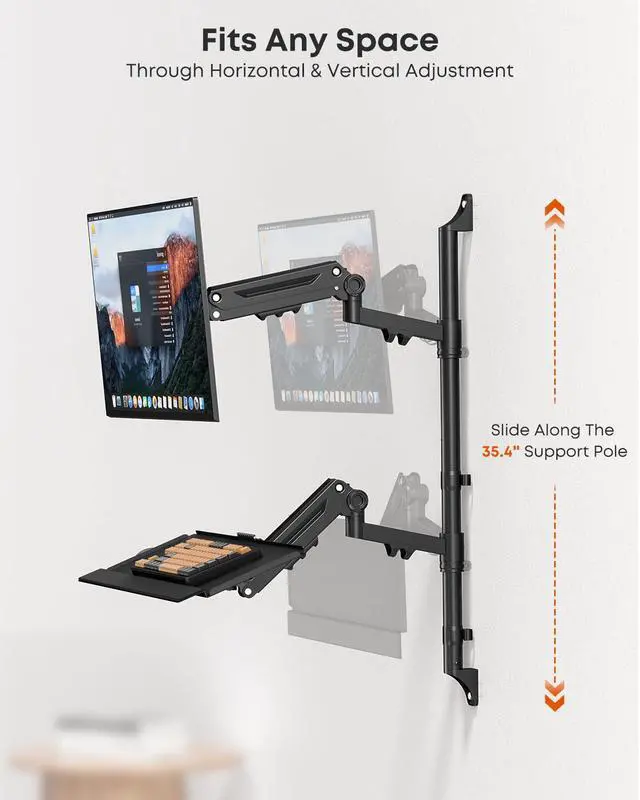 Alt view image 3 of 7 - Wall Mount Monitor Arm with Keyboard Tray, Height Adjustable Full-Motion Spring Arm Wall Mount Workstation for 17 to 32 Inch Screen up to 26.4lbs, VESA 75x75/100x100mm