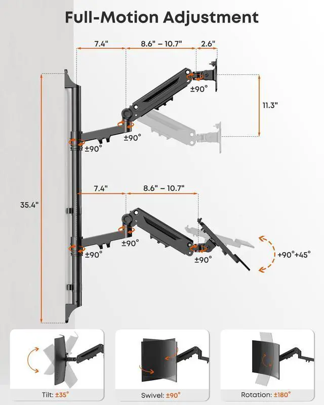 Alt view image 4 of 7 - Wall Mount Monitor Arm with Keyboard Tray, Height Adjustable Full-Motion Spring Arm Wall Mount Workstation for 17 to 32 Inch Screen up to 26.4lbs, VESA 75x75/100x100mm