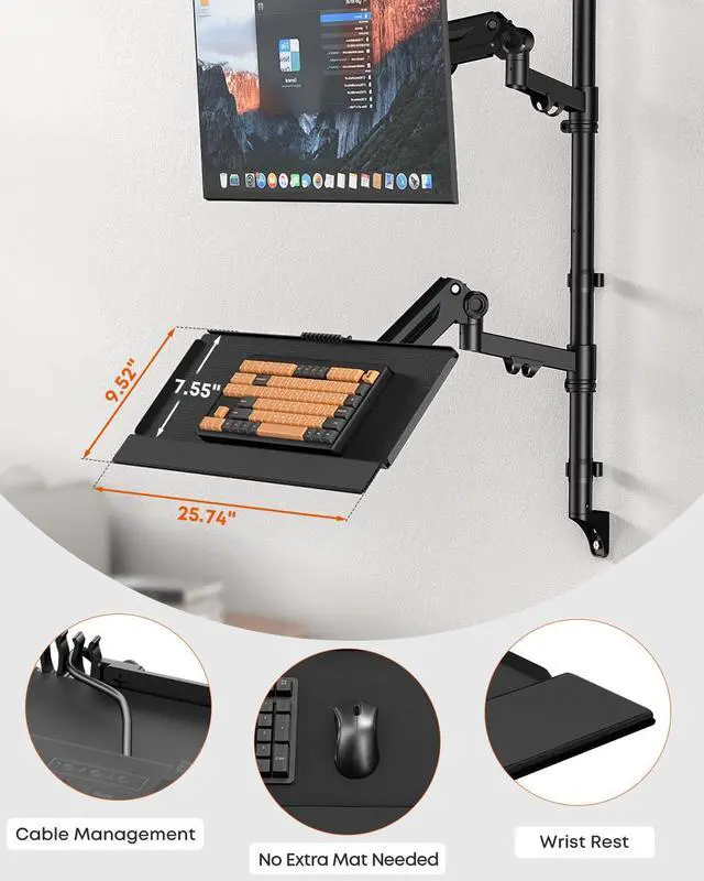 Alt view image 5 of 7 - Wall Mount Monitor Arm with Keyboard Tray, Height Adjustable Full-Motion Spring Arm Wall Mount Workstation for 17 to 32 Inch Screen up to 26.4lbs, VESA 75x75/100x100mm