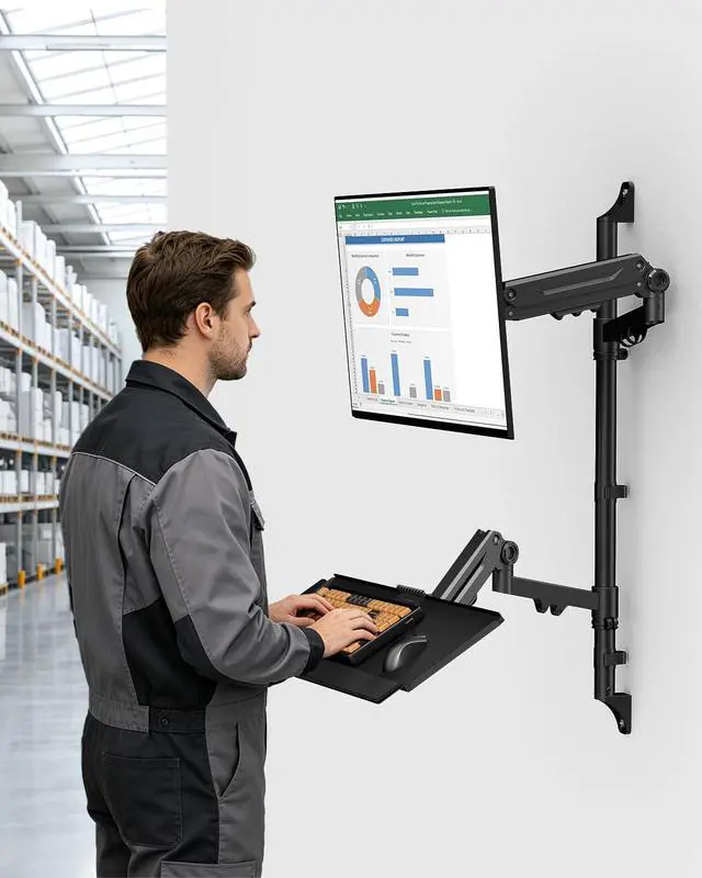 Alt view image 7 of 7 - Wall Mount Monitor Arm with Keyboard Tray, Height Adjustable Full-Motion Spring Arm Wall Mount Workstation for 17 to 32 Inch Screen up to 26.4lbs, VESA 75x75/100x100mm