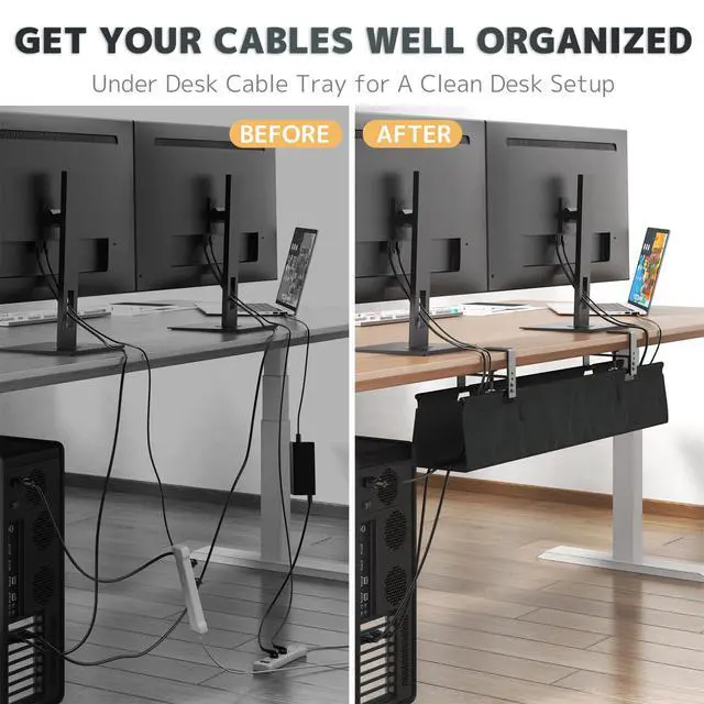 Alt view image 3 of 7 - No Drill Under Desk Cable Management Tray - 36" Clamp/Screw Desk Cord Management, Premium Fabric Cable Racyway for Office & Home