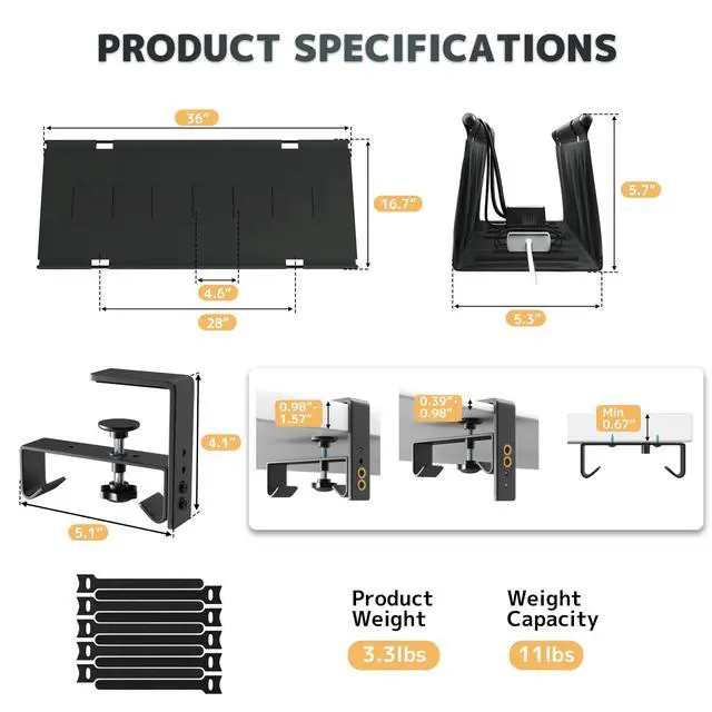 Alt view image 6 of 7 - No Drill Under Desk Cable Management Tray - 36" Clamp/Screw Desk Cord Management, Premium Fabric Cable Racyway for Office & Home