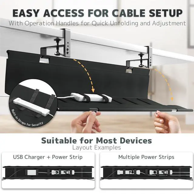 Alt view image 5 of 7 - No Drill Under Desk Cable Management Tray - 36" Clamp/Screw Desk Cord Management, Premium Fabric Cable Racyway for Office & Home