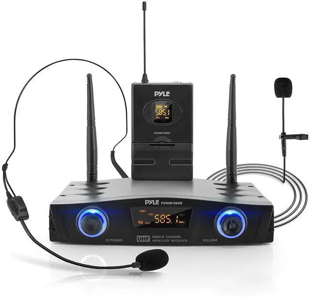 Main image of Compact UHF Wireless Microphone System - Pro Portable 1 Channel Desktop Digital Mic Receiver Set w/ Belt-Pack Transmitter, Receiver, Headset and Lavalier Mics, XLR, For Home, PA PDWM1988B,Black