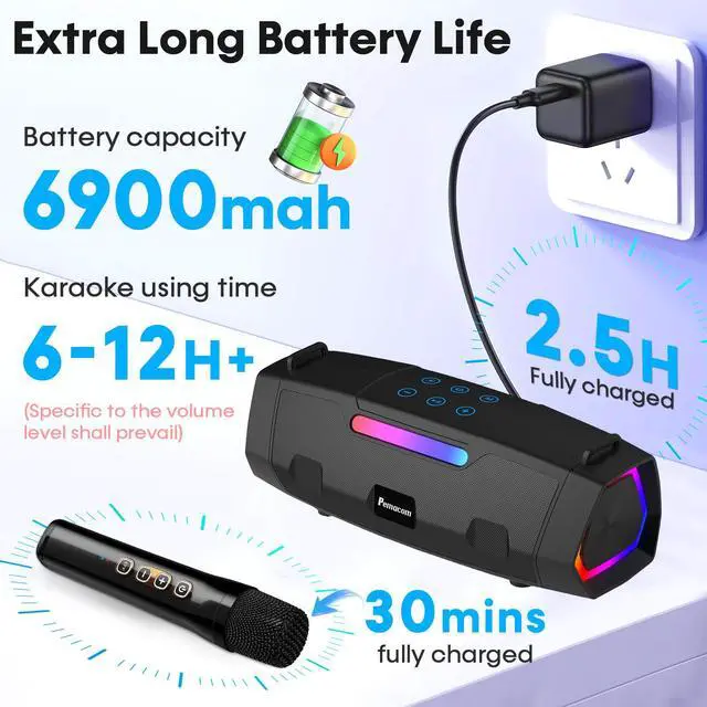 Alt view image 3 of 7 - 60W Hi-Fi Loud Sound Karaoke Machine - Portable Karaoke Speaker with 2 Wireless UHF Microphones 10s 5.3 Bluetooth Fast Pairing & 50ft Stable Connection - 6-12H Long Runtime for All Home Party & Events