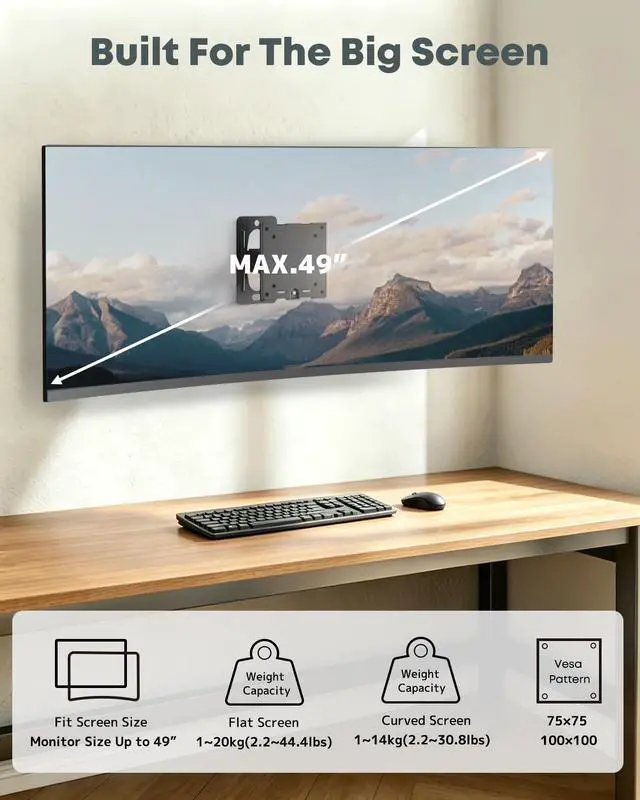 Alt view image 2 of 7 - Monitor Wall Mount for 1749 Inch Ultrawide Screens,Heavy Duty Monitor arm up to 44 lbs with Swivel,Tilt & Rotation,VESA 75/100,Black