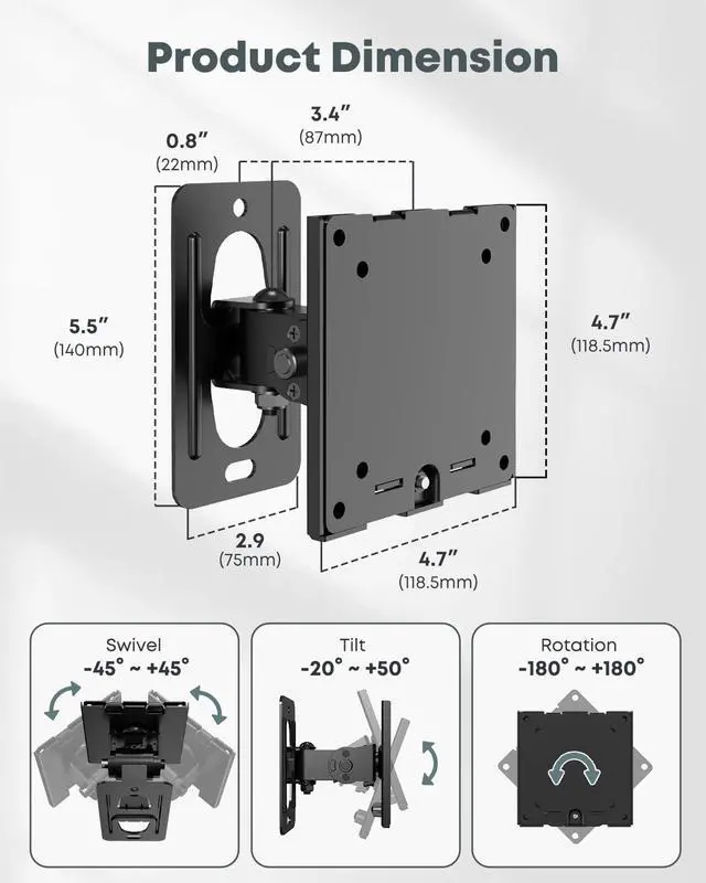 Alt view image 3 of 7 - Monitor Wall Mount for 1749 Inch Ultrawide Screens,Heavy Duty Monitor arm up to 44 lbs with Swivel,Tilt & Rotation,VESA 75/100,Black
