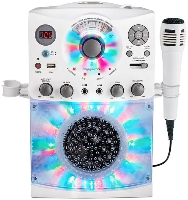 Main image of Portable Karaoke Machine for Adults & Kids with Wired Microphone, White - Built-In Speaker, Bluetooth with LED Disco Lights - Karaoke System with CD+G Player & USB Connectivity