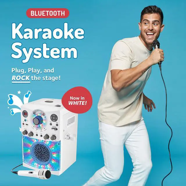 Alt view image 2 of 6 - Portable Karaoke Machine for Adults & Kids with Wired Microphone, White - Built-In Speaker, Bluetooth with LED Disco Lights - Karaoke System with CD+G Player & USB Connectivity