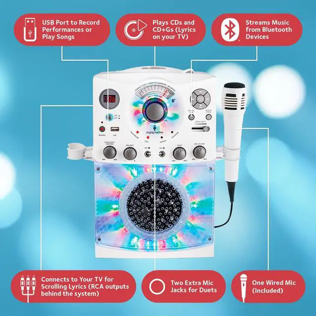 Alt view image 3 of 6 - Portable Karaoke Machine for Adults & Kids with Wired Microphone, White - Built-In Speaker, Bluetooth with LED Disco Lights - Karaoke System with CD+G Player & USB Connectivity