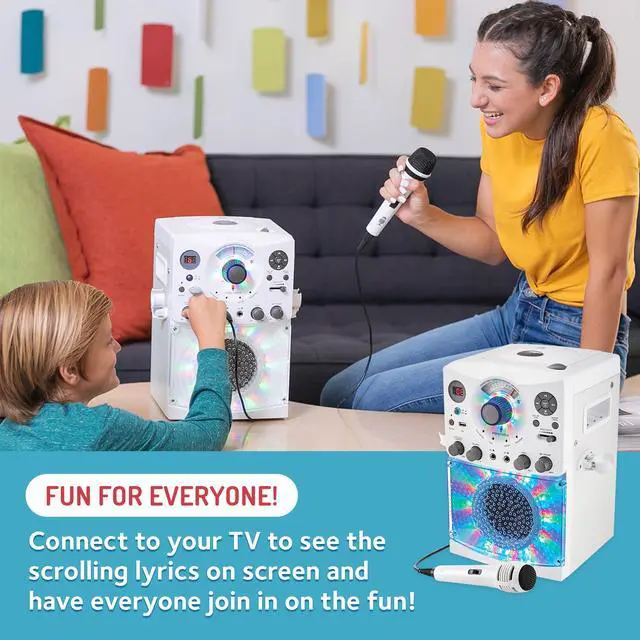 Alt view image 5 of 6 - Portable Karaoke Machine for Adults & Kids with Wired Microphone, White - Built-In Speaker, Bluetooth with LED Disco Lights - Karaoke System with CD+G Player & USB Connectivity