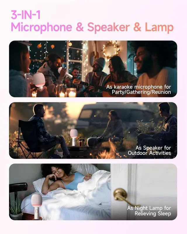 Alt view image 5 of 7 - Wireless Bluetooth Karaoke Microphone, 5-in-1 Portable Handheld Mic Speaker with Dynamic Lights, Karaoke Microfono for Car Travel Home Party, Music Record, Duet Singing Gifts for Adults Kids (Pink)