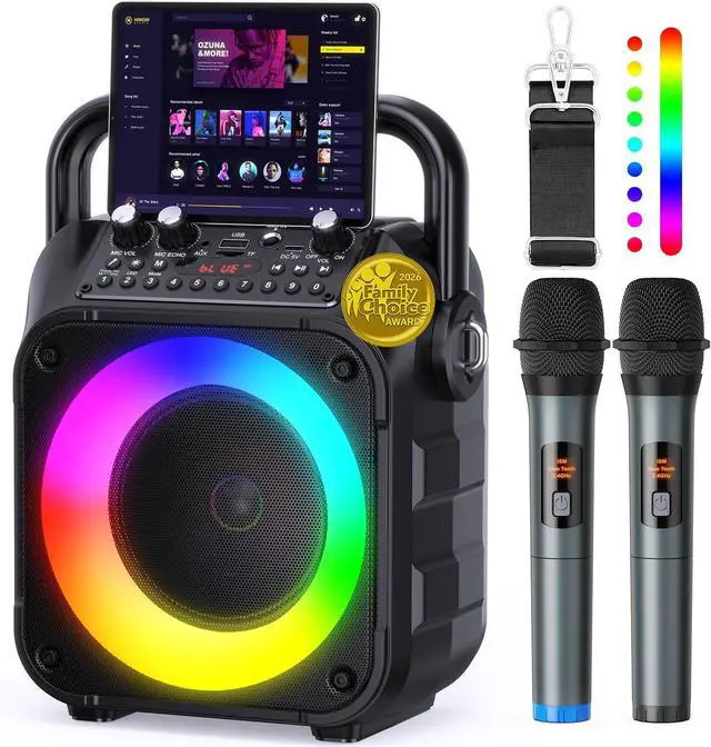 Main image of Karaoke Machine, Portable Bluetooth Speaker with 2 Wireless Mics for Adults & Kids with LED Lights, Bass/Treble Adjustment, PA System Supports USB/TF/FM/AUX/TWS for Party Home System Packages