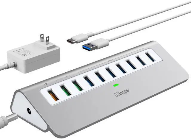 Main image of Powered USB Hub 10Gbps, 10 Port USB 3.2 Gen 2 Hub with 7 USB 3.2 Data Ports, 3 Fast Charging Ports, 36W Power Adapter, Type A and Type C Cable, Aluminum USB Hub for Laptop, Mac, PC