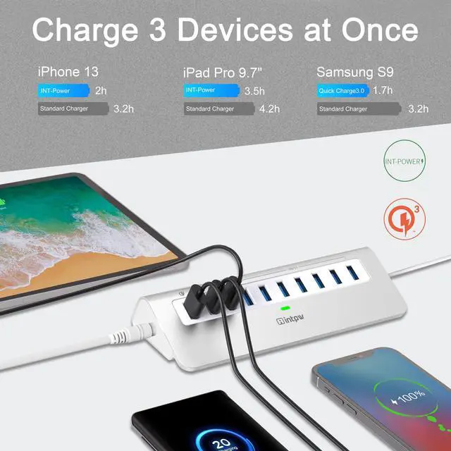 Alt view image 3 of 7 - Powered USB Hub 10Gbps, 10 Port USB 3.2 Gen 2 Hub with 7 USB 3.2 Data Ports, 3 Fast Charging Ports, 36W Power Adapter, Type A and Type C Cable, Aluminum USB Hub for Laptop, Mac, PC