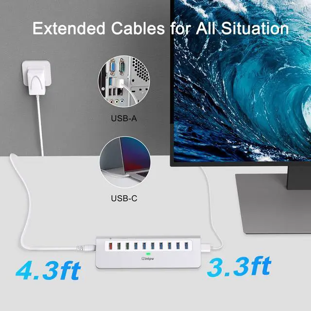 Alt view image 4 of 7 - Powered USB Hub 10Gbps, 10 Port USB 3.2 Gen 2 Hub with 7 USB 3.2 Data Ports, 3 Fast Charging Ports, 36W Power Adapter, Type A and Type C Cable, Aluminum USB Hub for Laptop, Mac, PC