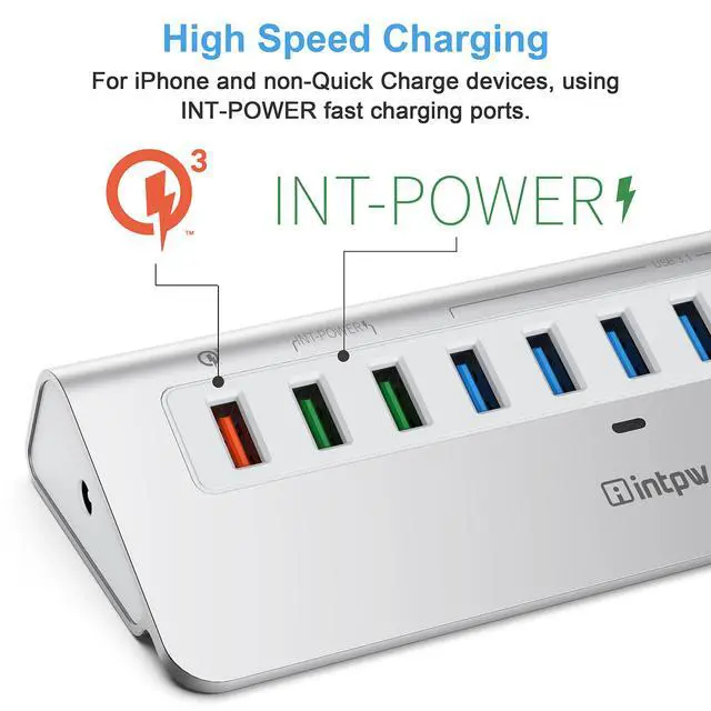 Alt view image 5 of 7 - Powered USB Hub 10Gbps, 10 Port USB 3.2 Gen 2 Hub with 7 USB 3.2 Data Ports, 3 Fast Charging Ports, 36W Power Adapter, Type A and Type C Cable, Aluminum USB Hub for Laptop, Mac, PC