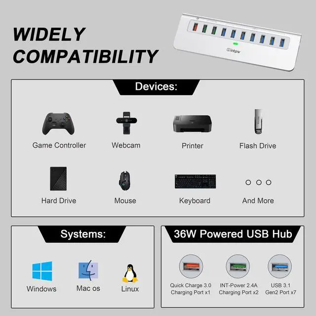Alt view image 7 of 7 - Powered USB Hub 10Gbps, 10 Port USB 3.2 Gen 2 Hub with 7 USB 3.2 Data Ports, 3 Fast Charging Ports, 36W Power Adapter, Type A and Type C Cable, Aluminum USB Hub for Laptop, Mac, PC