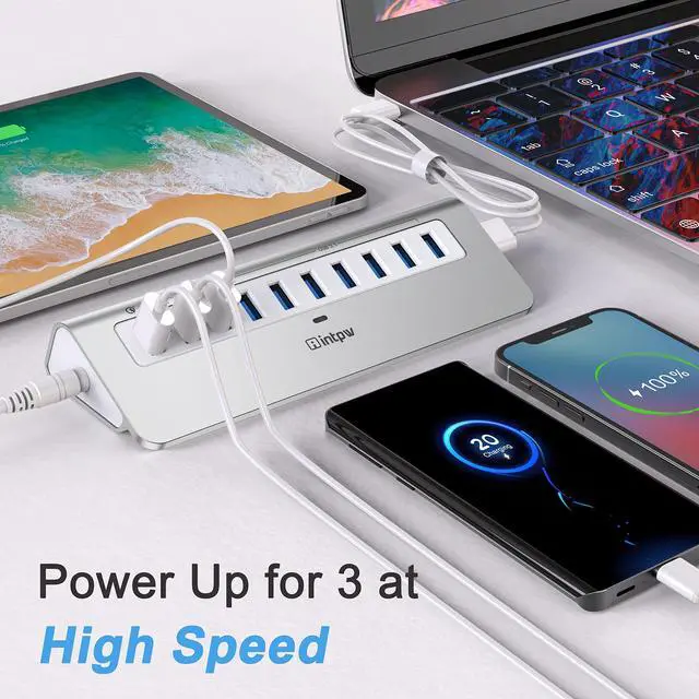 Alt view image 6 of 7 - Powered USB Hub 10Gbps, 10 Port USB 3.2 Gen 2 Hub with 7 USB 3.2 Data Ports, 3 Fast Charging Ports, 36W Power Adapter, Type A and Type C Cable, Aluminum USB Hub for Laptop, Mac, PC