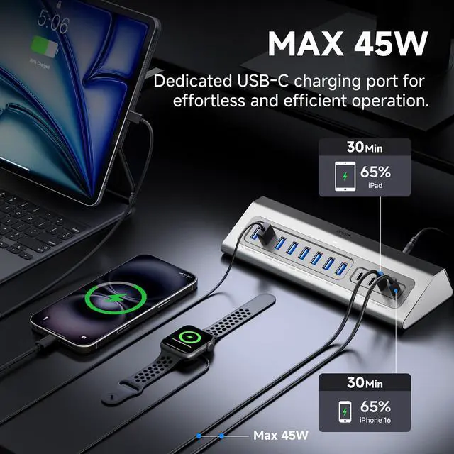 Alt view image 3 of 7 - Powered USB Hub,15 in 1 USB 3.2 Hub, USB C Hub with PD 100W, USB C 45W Charge, 10Gbps Data, 8 USB A, 65W Power Adapter, 3.3FT Cable, Aluminum USB Hub for PC, Laptop, Mac, Mac mini, iMac, iPad
