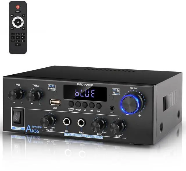 Main image of AK55 Stereo Audio Amplifier, 2 Channel 500W Bluetooth 5.0 Home Audio Stereo Receivers with FM, Echo, AUX, USB, SD, MIC, Optical & Coaxial Inputs, AMP for Passive Speakers and Active subwoofer