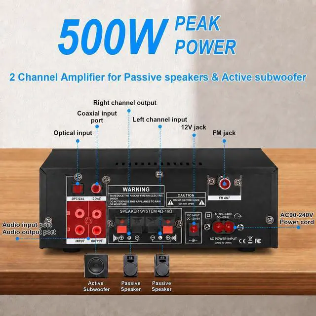 Alt view image 3 of 7 - AK55 Stereo Audio Amplifier, 2 Channel 500W Bluetooth 5.0 Home Audio Stereo Receivers with FM, Echo, AUX, USB, SD, MIC, Optical & Coaxial Inputs, AMP for Passive Speakers and Active subwoofer