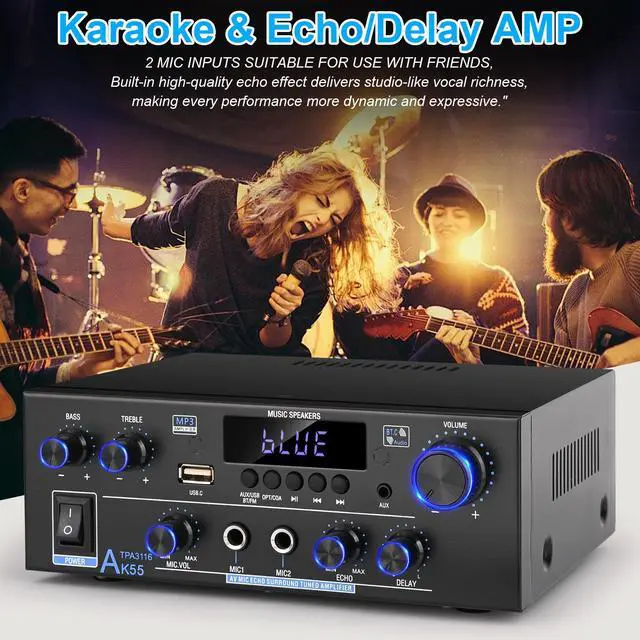 Alt view image 6 of 7 - AK55 Stereo Audio Amplifier, 2 Channel 500W Bluetooth 5.0 Home Audio Stereo Receivers with FM, Echo, AUX, USB, SD, MIC, Optical & Coaxial Inputs, AMP for Passive Speakers and Active subwoofer