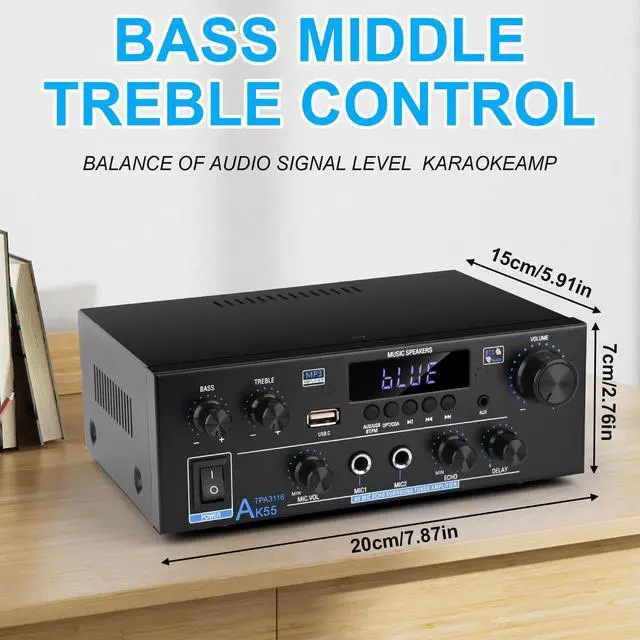 Alt view image 7 of 7 - AK55 Stereo Audio Amplifier, 2 Channel 500W Bluetooth 5.0 Home Audio Stereo Receivers with FM, Echo, AUX, USB, SD, MIC, Optical & Coaxial Inputs, AMP for Passive Speakers and Active subwoofer