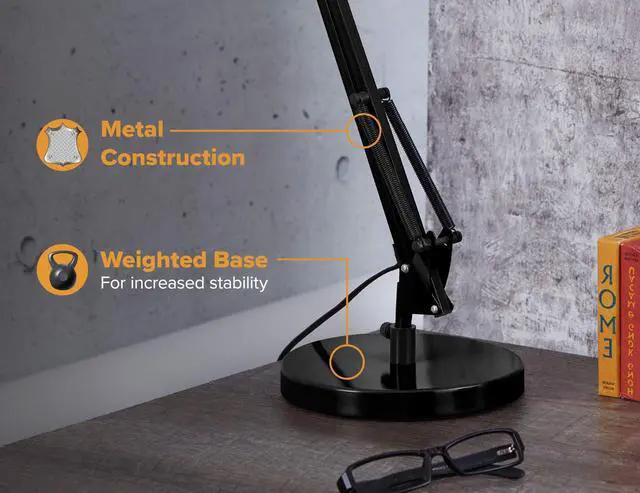 Alt view image 3 of 7 - Office VLF100D Swing Arm Desk Lamp, Metal, 36" Reach with Multi-Joint Adjustment, Includes Replaceable LED Bulb (VLF), Black