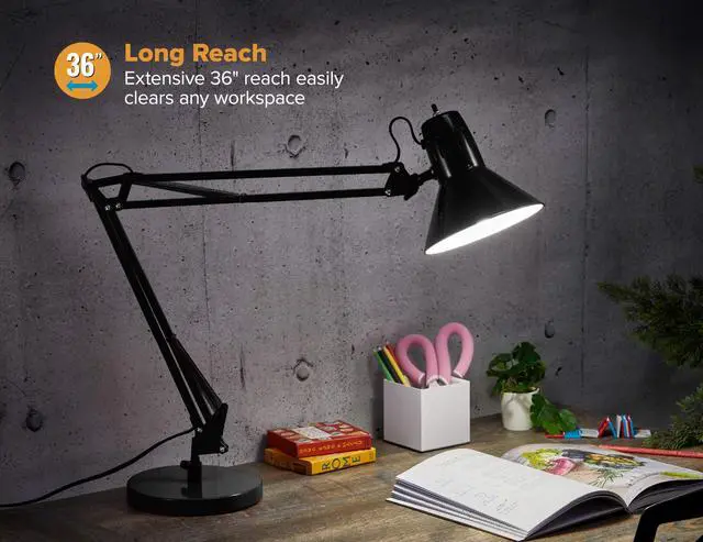 Alt view image 2 of 7 - Office VLF100D Swing Arm Desk Lamp, Metal, 36" Reach with Multi-Joint Adjustment, Includes Replaceable LED Bulb (VLF), Black