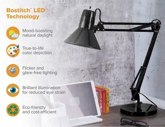 Alt view image 7 of 7 - Office VLF100D Swing Arm Desk Lamp, Metal, 36" Reach with Multi-Joint Adjustment, Includes Replaceable LED Bulb (VLF), Black