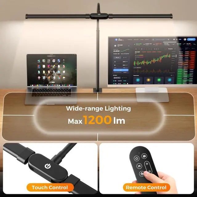 Alt view image 4 of 6 - LED Desk Lamp with Clamp - Double Head Desk Light with Remote and Touch - Eye Protection - 12 W, 5 Color Modes, Timer and Memory Function, Flexible Gooseneck - for Office, Reading - Black