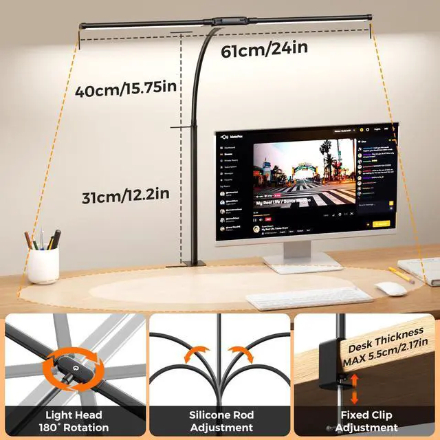 Alt view image 2 of 6 - LED Desk Lamp with Clamp - Double Head Desk Light with Remote and Touch - Eye Protection - 12 W, 5 Color Modes, Timer and Memory Function, Flexible Gooseneck - for Office, Reading - Black