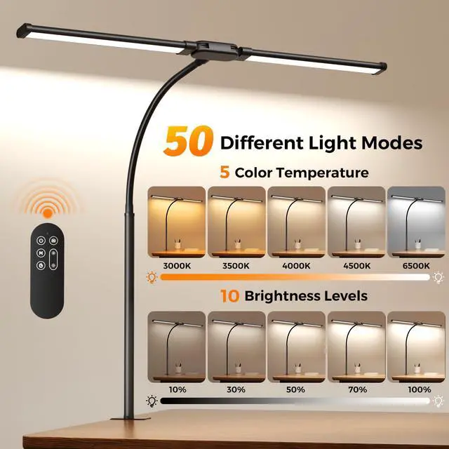 Alt view image 3 of 6 - LED Desk Lamp with Clamp - Double Head Desk Light with Remote and Touch - Eye Protection - 12 W, 5 Color Modes, Timer and Memory Function, Flexible Gooseneck - for Office, Reading - Black