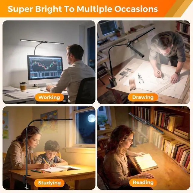 Alt view image 6 of 6 - LED Desk Lamp with Clamp - Double Head Desk Light with Remote and Touch - Eye Protection - 12 W, 5 Color Modes, Timer and Memory Function, Flexible Gooseneck - for Office, Reading - Black
