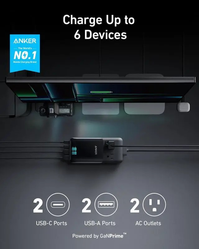 Alt view image 2 of 6 - Prime Charging Station, 140W 6-in-1 Travel Power Strip, 5ft Detachable Extension Cord with Multiple Outlets, 2 AC, 2 USB C, 2 USB A, Desk Accessories, Home Office (Non-Battery/Wireless)