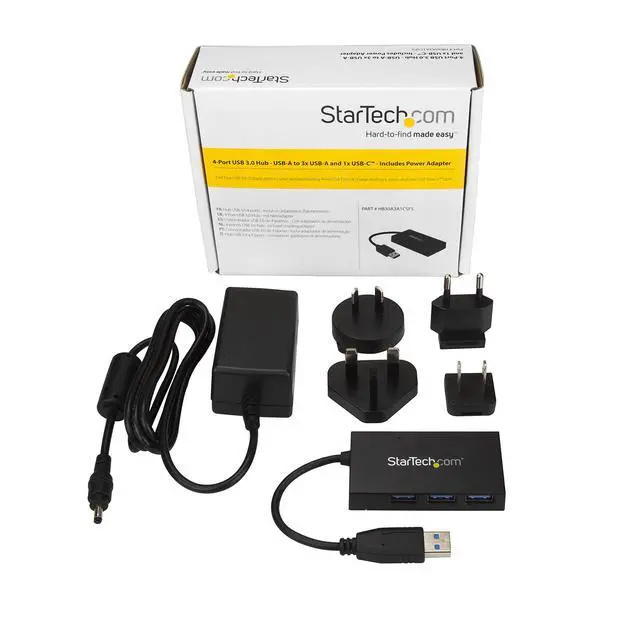 Alt view image 6 of 7 - 4 Port USB 3.0 Hub - USB Type-A Hub with 1x USB-C & 3x USB-A (SuperSpeed) - USB Bus or Self-Powered - Portable USB 3.0 (5Gbps) BC 1.2 Charging Hub w/ Power Adapter , TAA (HB30A3A1CSFS)