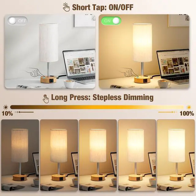 Alt view image 2 of 7 - Touch Bedside Table Lamp with Memory - Stepless Dimmable Lamp for Bedroom, Small Nightstand Lamp with Dual USB Charging Ports and AC Outlet, Wood Night Light, Desk Lamp for Nursery, Living Room, Dorm