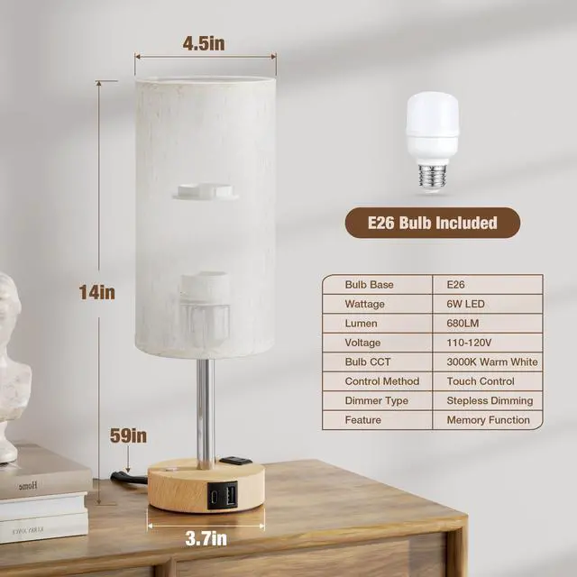 Alt view image 5 of 7 - Touch Bedside Table Lamp with Memory - Stepless Dimmable Lamp for Bedroom, Small Nightstand Lamp with Dual USB Charging Ports and AC Outlet, Wood Night Light, Desk Lamp for Nursery, Living Room, Dorm